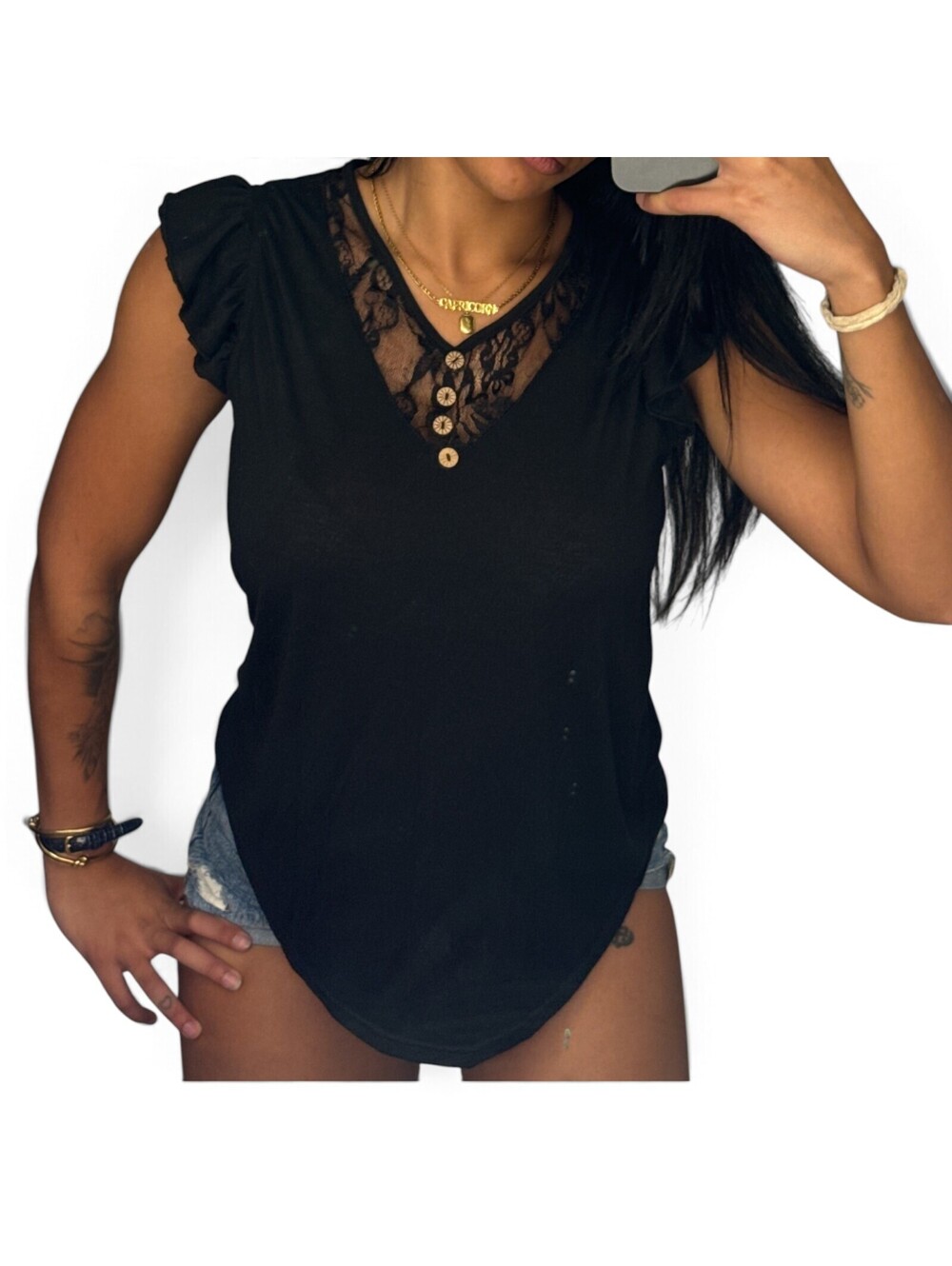 SHEIN Black Ruffle Sleeve Lace V-Neck Top